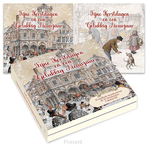 Kerstdoosje Kind in slee-Stadsaanzicht