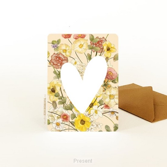 Enkele kaart: Hart met bloemen (geel)