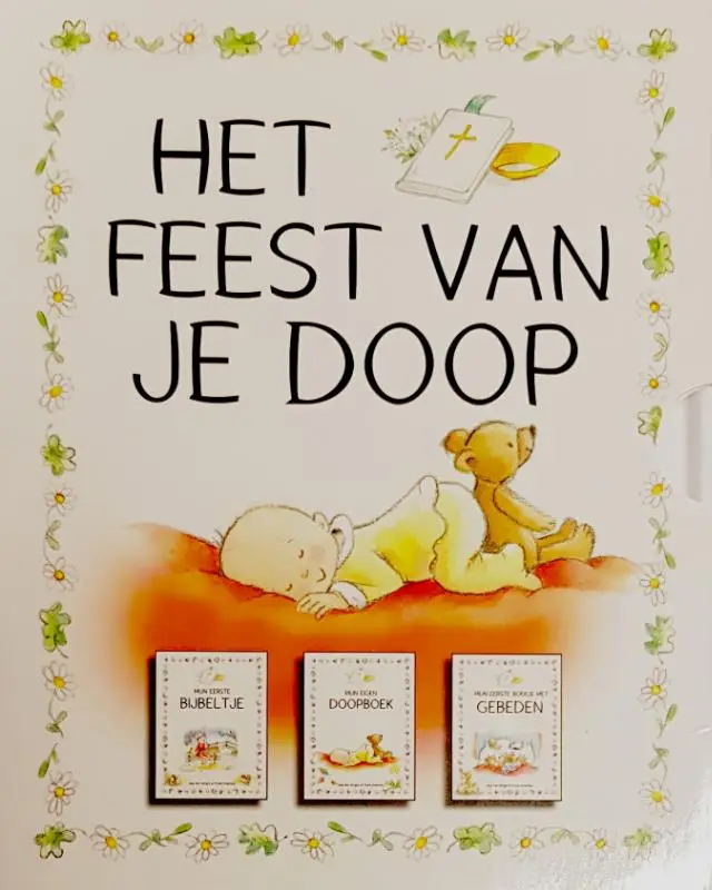 Het feest van je doop. Een stevige cassette met drie boekjes. Een kinderbijbel met mooie illustraties en 20 bekende verhalen, een boekje vol kindergebeden en bijpassende tekeningen en een invulboek speciaal ter gelegenheid van de doop om herinneringen in op te schrijven. Een waardevol geschenk aan dopelingen en hun ouders.