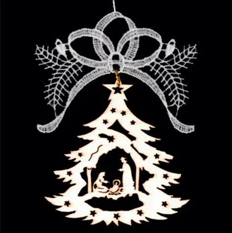 Wooden nativity tree & lace Ribbon 9cm